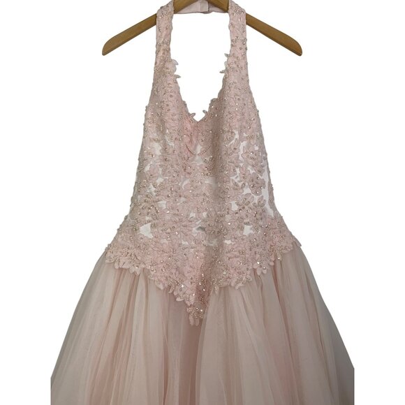 14W Davids Bridal Pink Halter Formal Gown Bead Floral Lace Tulle Dress 96280 - Picture 6 of 12